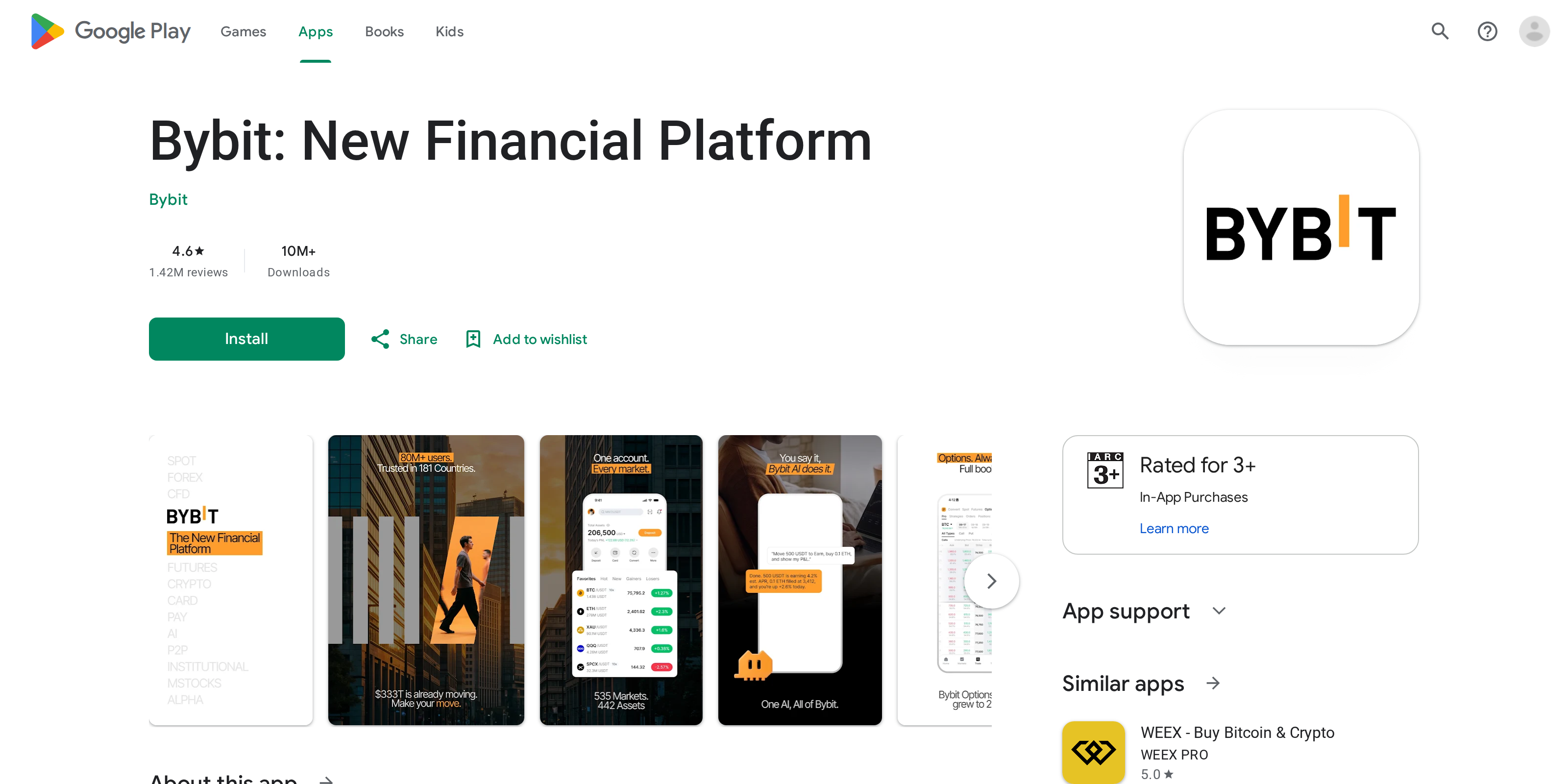 Bybit: New Financial Platform listing on Google Play, showing app screenshots and store ratings