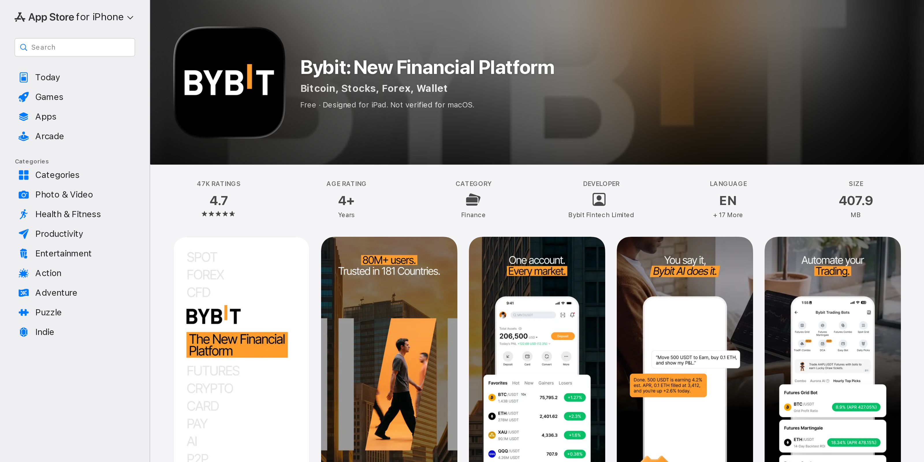 Bybit: New Financial Platform listing on Apple's App Store, showing screenshots and the free price tag