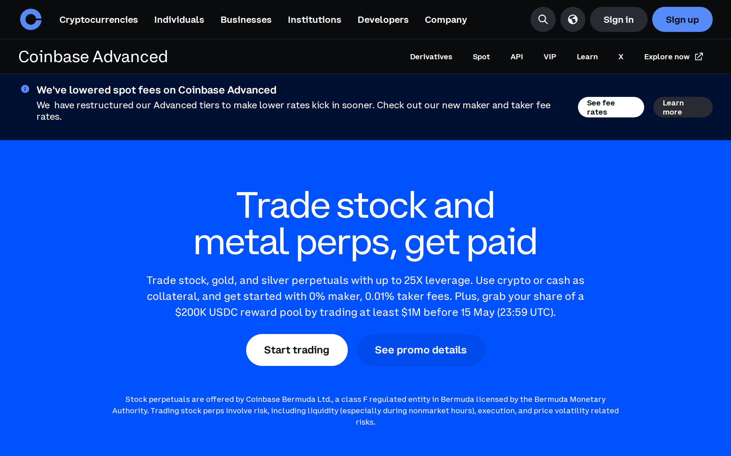 Coinbase Advanced Trade page describing lower maker and taker fee tiers