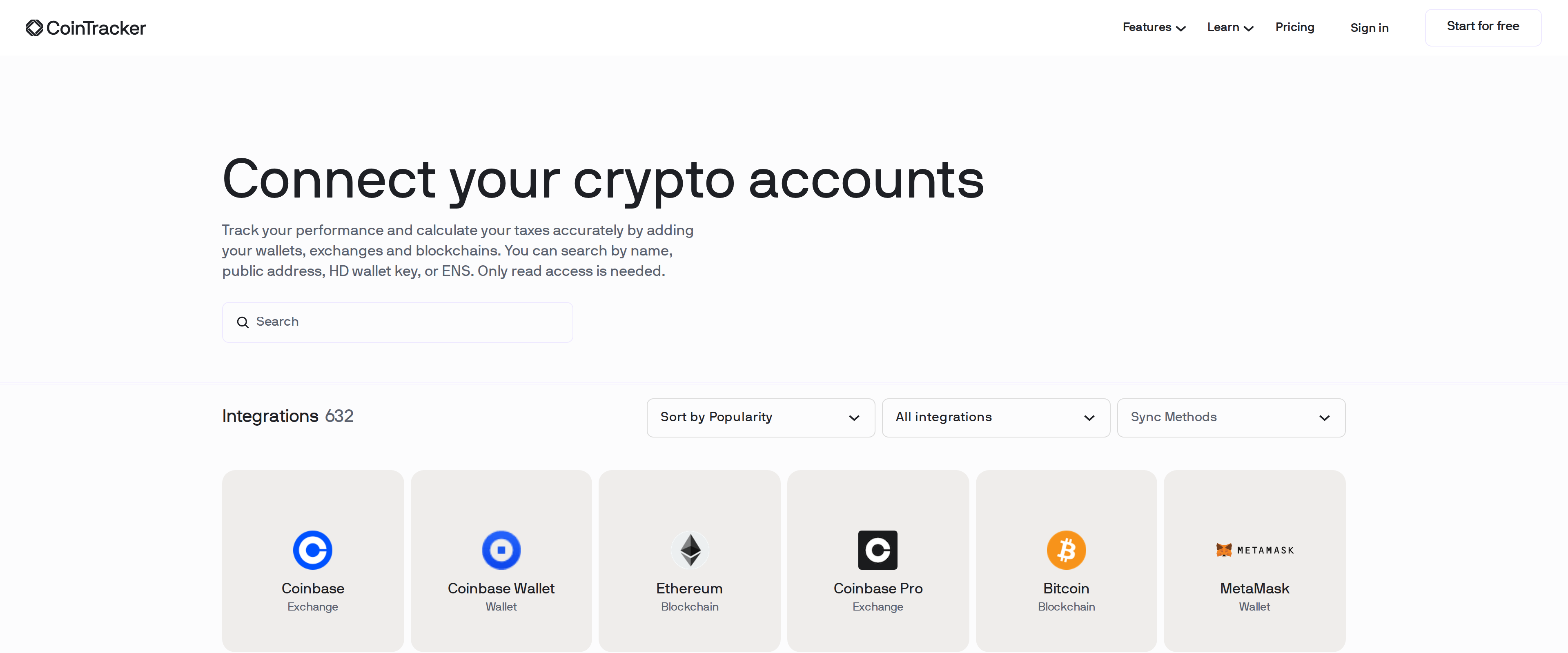 CoinTracker integrations page reading Connect your crypto accounts, with wallet and exchange search fields
