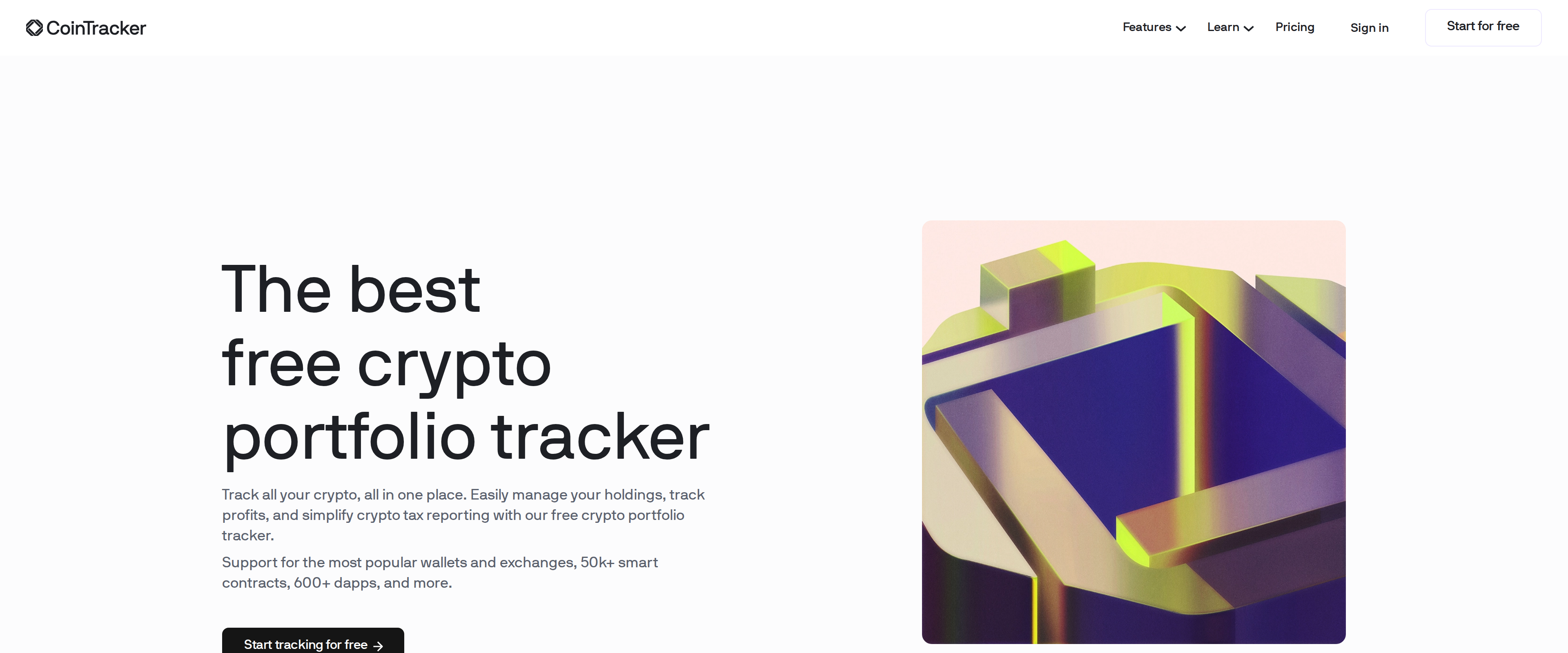 CoinTracker portfolio tracker page describing support for wallets, exchanges, 50,000+ smart contracts and 600+ dapps