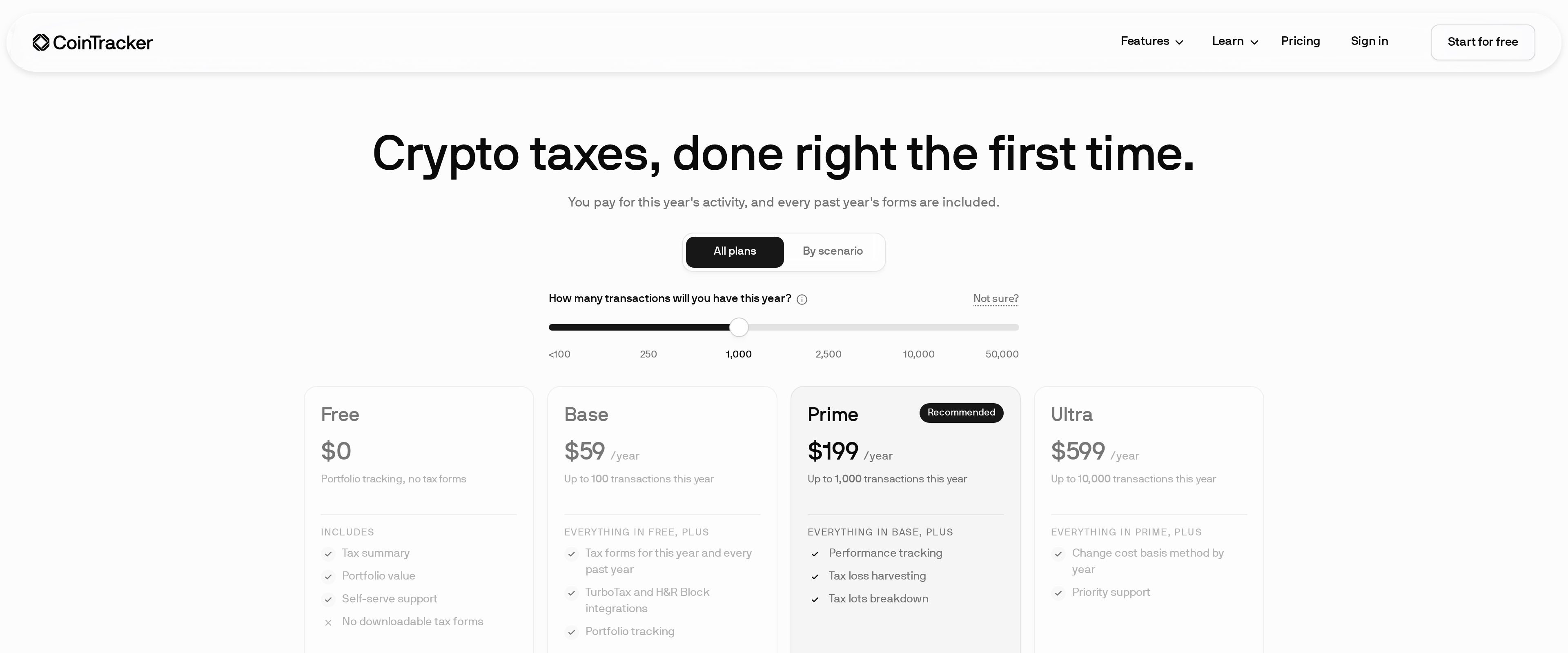 CoinTracker pricing page showing Free, Base and Prime plan cards with dollar amounts