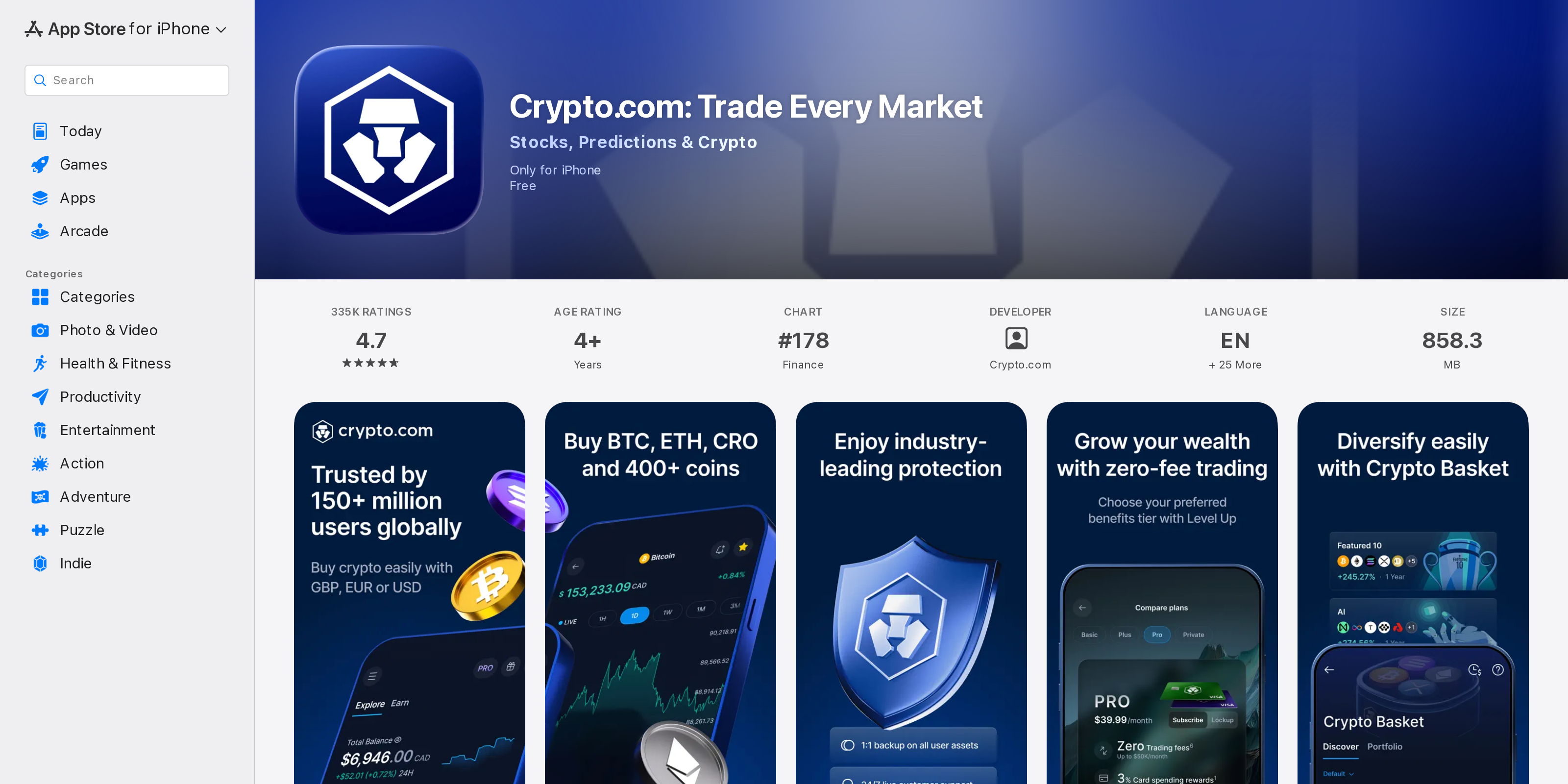 Crypto.com's iOS App Store listing titled Crypto.com: Trade Every Market, covering stocks, predictions and crypto