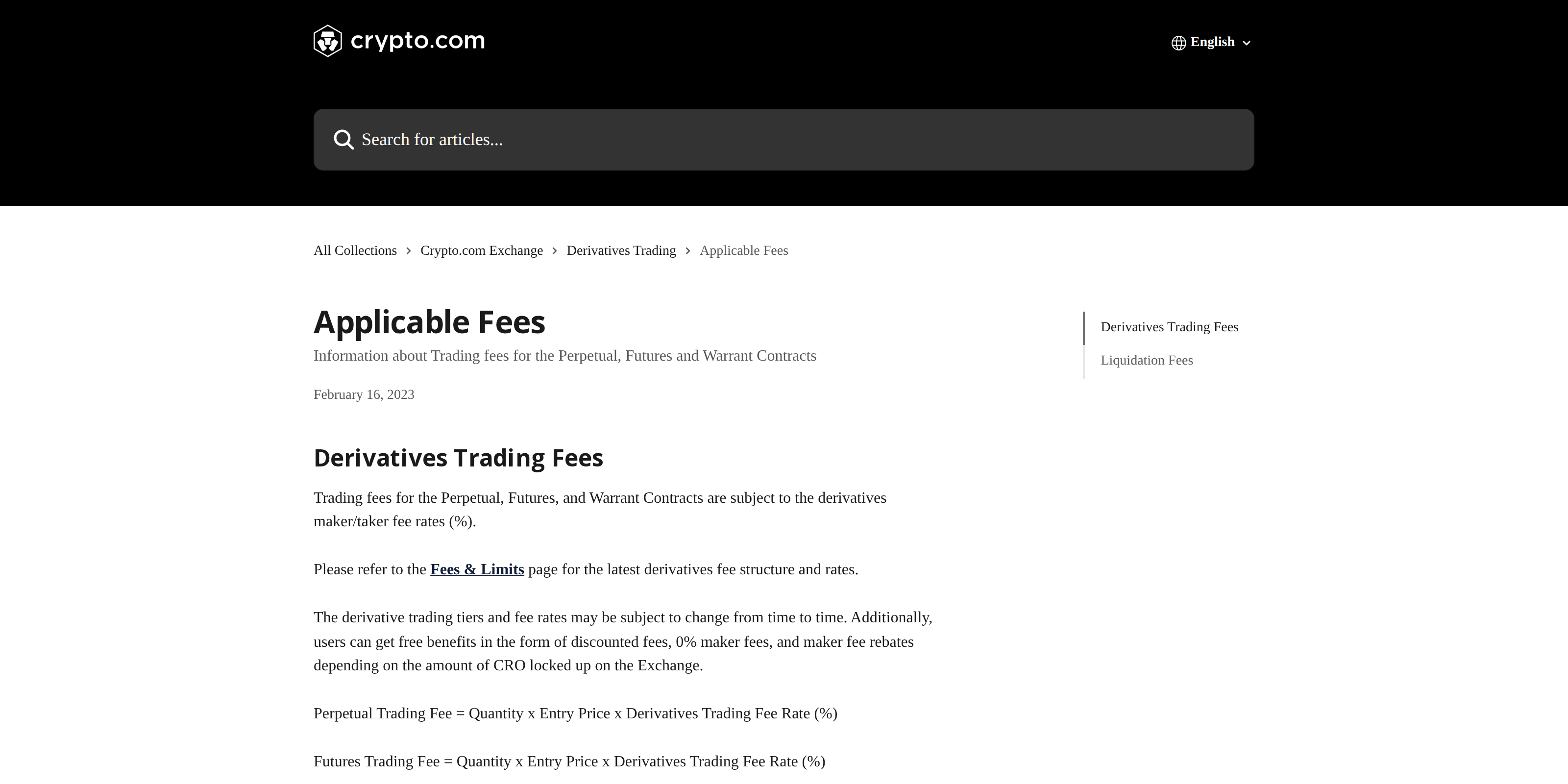 Crypto.com's Applicable Fees help article listing derivatives maker/taker fee categories