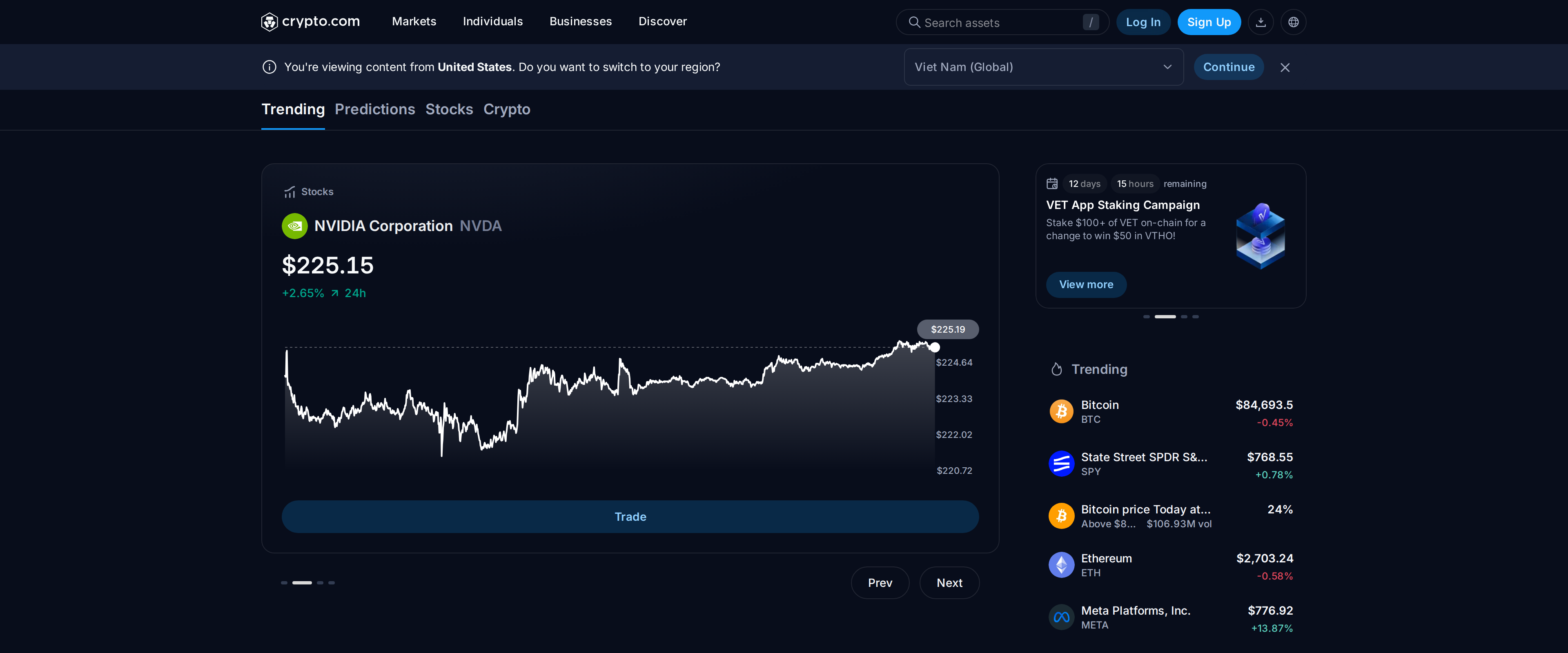 Crypto.com's US homepage showing trending assets including NVIDIA stock, Bitcoin, SPY and Ethereum with a Trade button