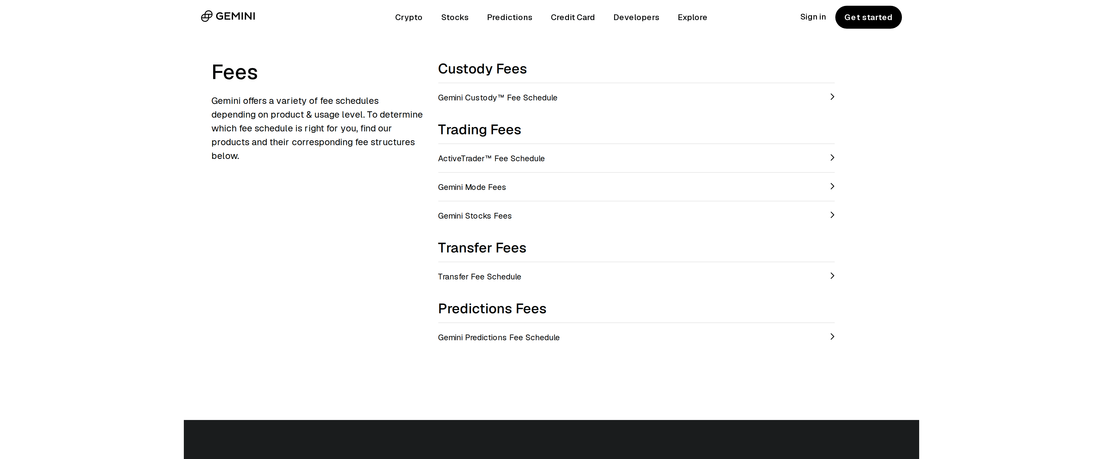 Gemini fee schedule page listing links to Custody and ActiveTrader fee pages