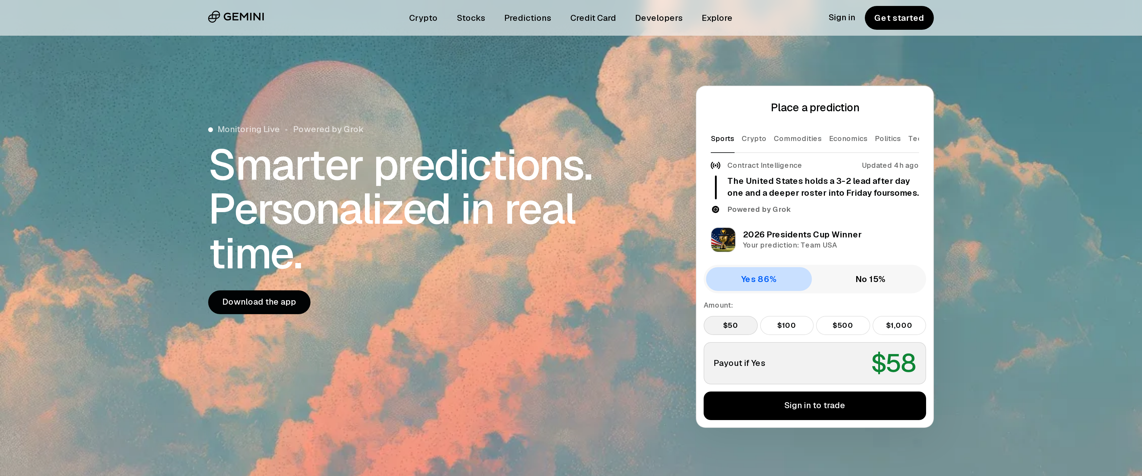 Gemini homepage promoting trading crypto, predicting outcomes and earning on one platform
