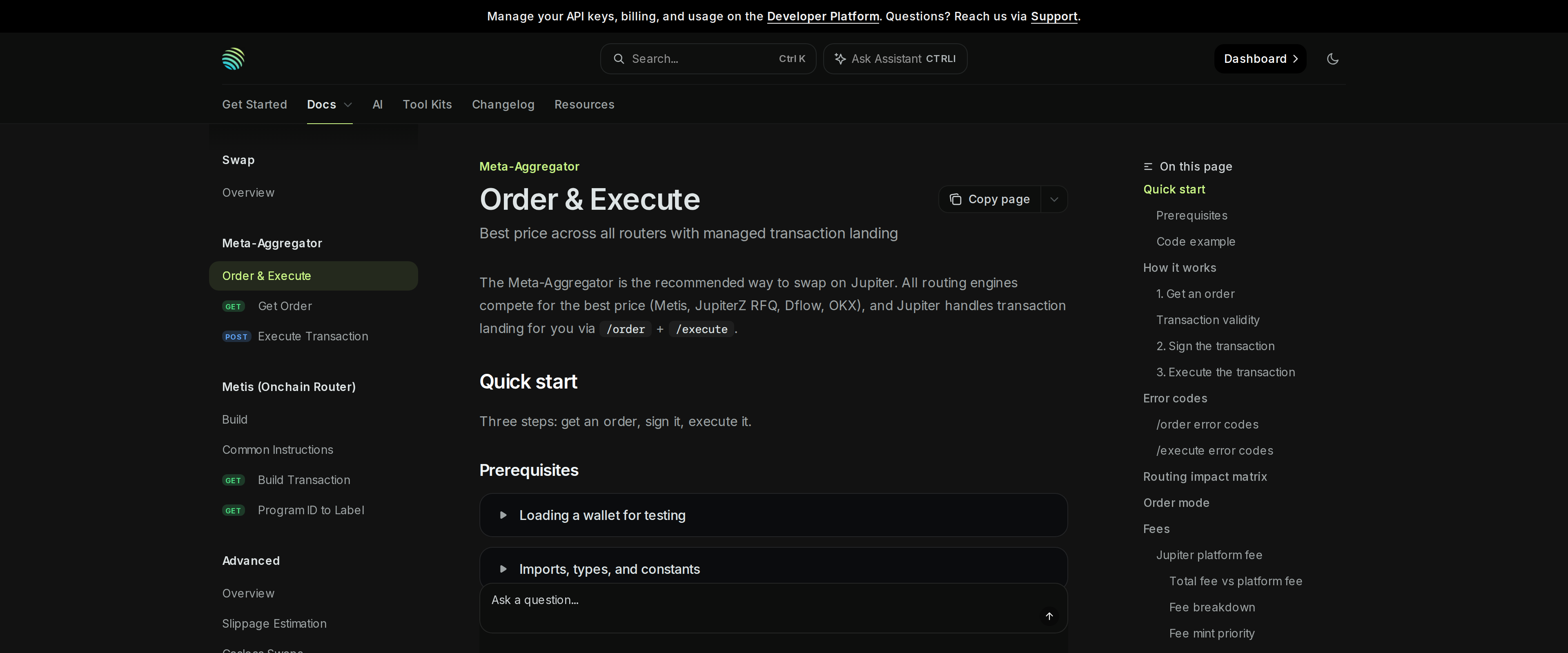 Jupiter's developer documentation showing the Swap and Meta-Aggregator sections with a code example sidebar