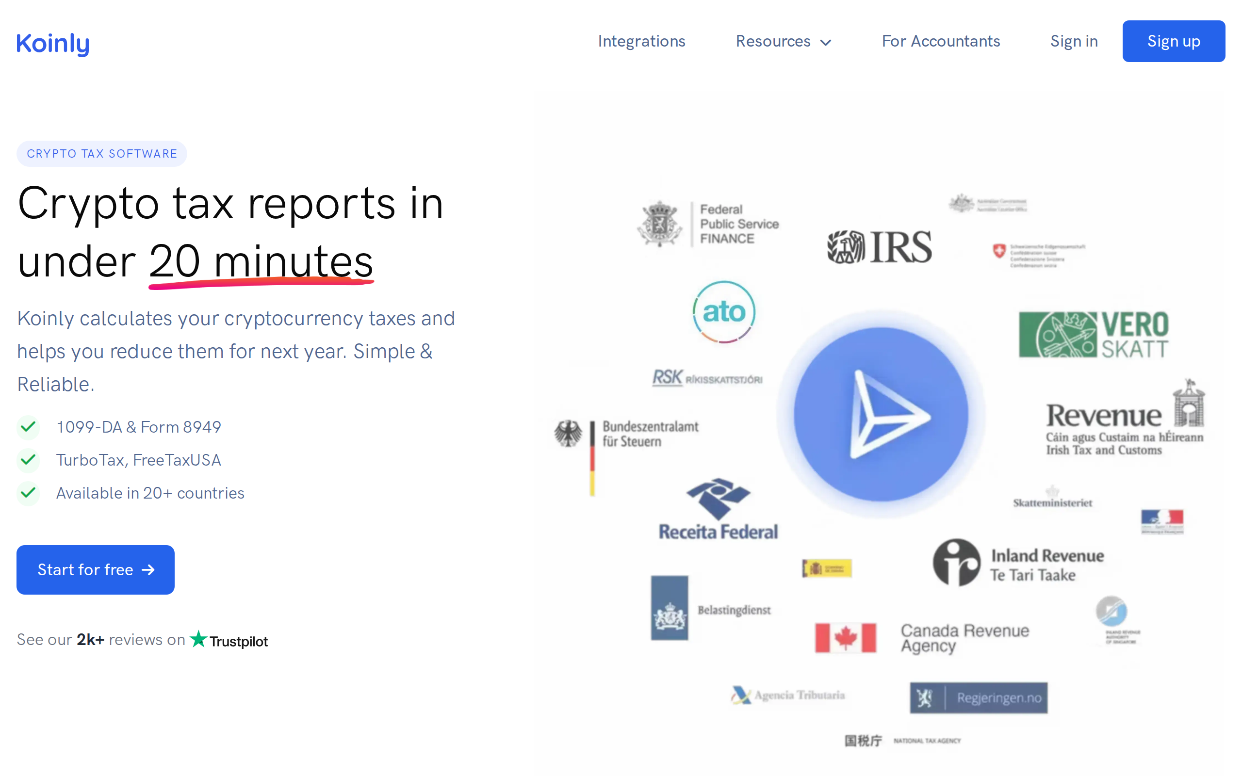 Koinly homepage headline "Crypto tax reports in under 20 minutes"