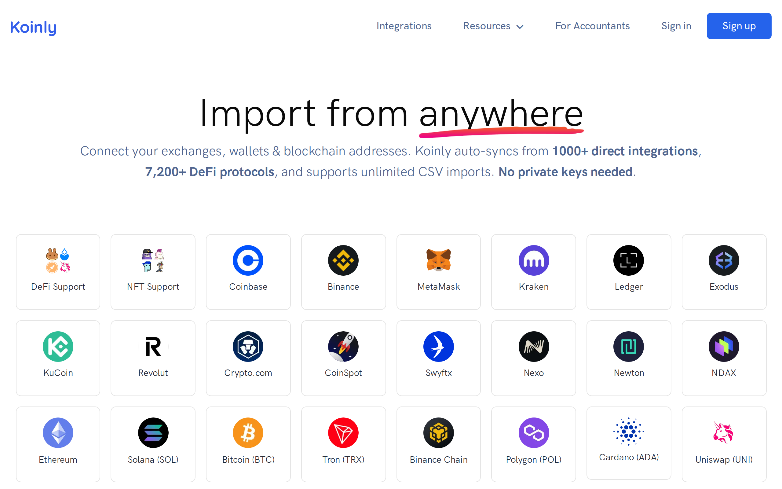 Koinly integrations page: "Import from anywhere," listing 1,000+ direct integrations and 7,200+ DeFi protocols