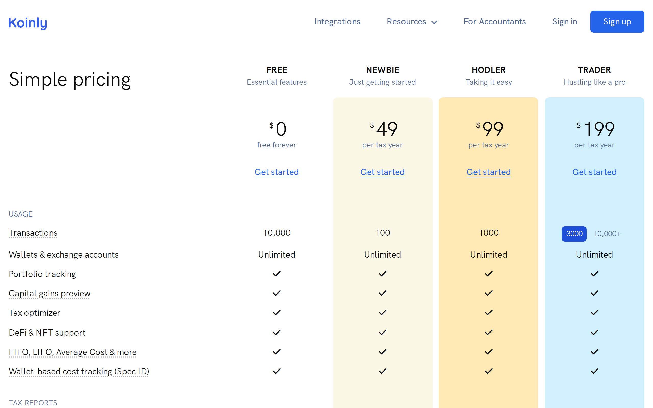 Koinly pricing page headline "Simple pricing"