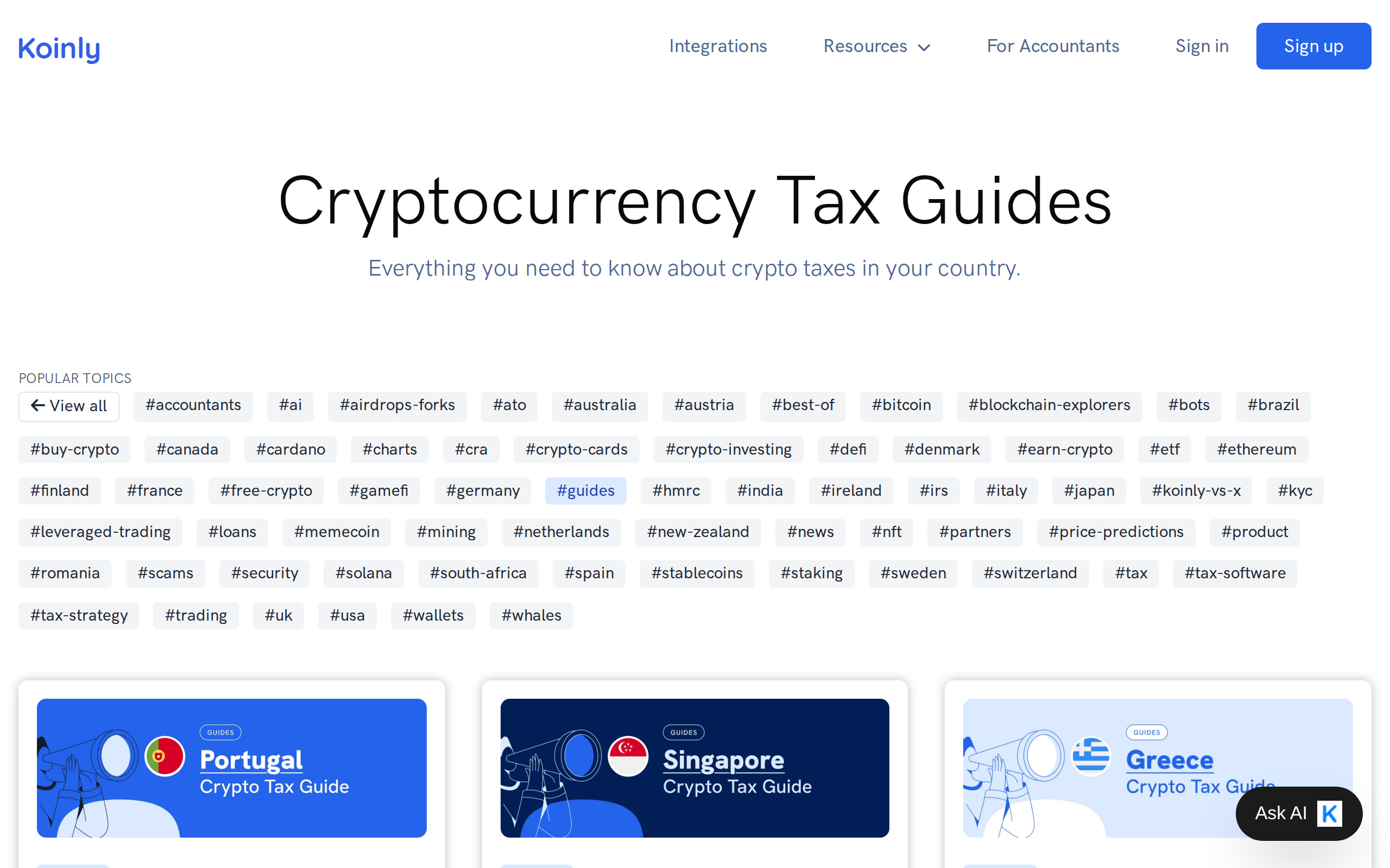 Koinly cryptocurrency tax guides page listing country-specific guides