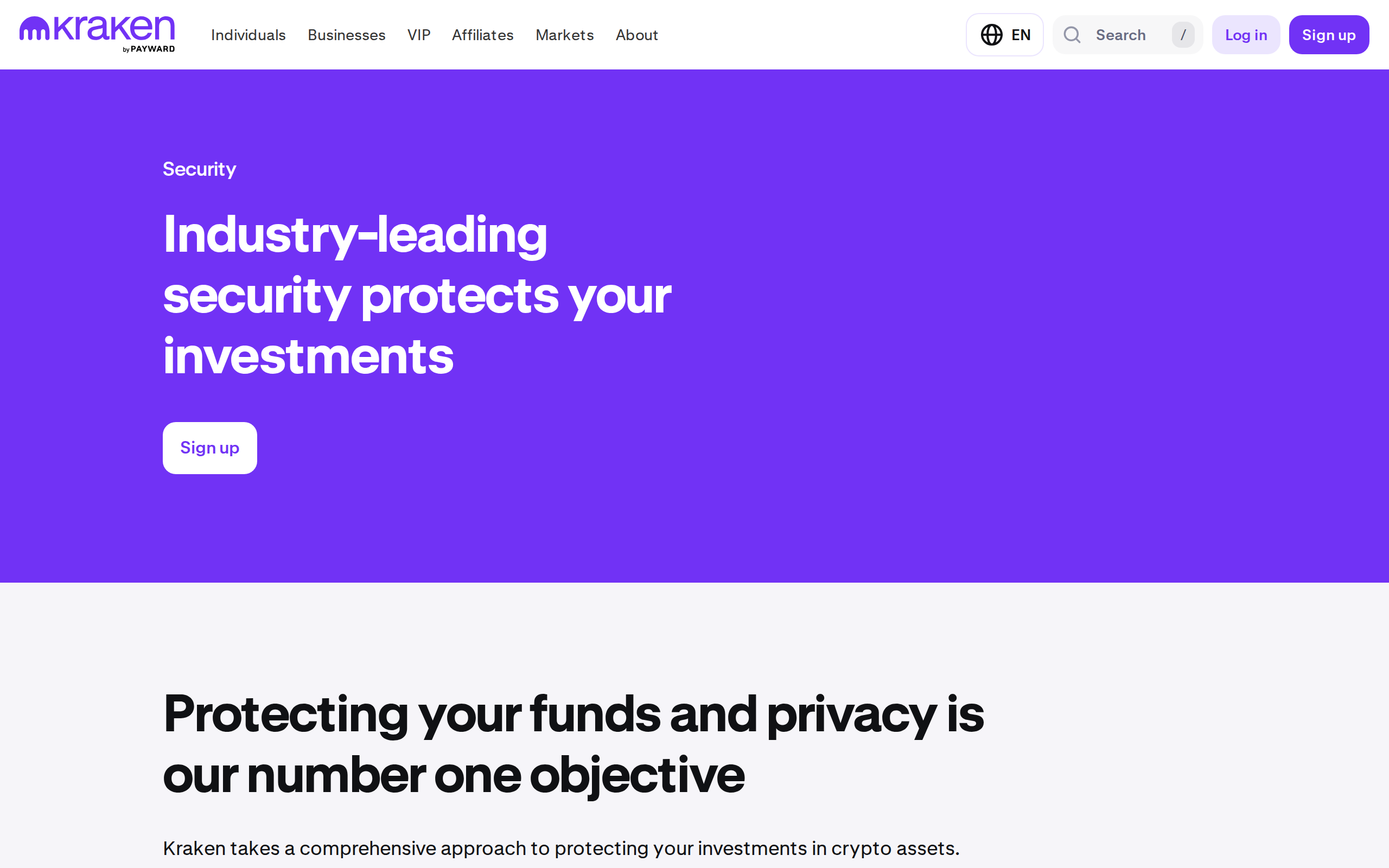Kraken security page headline 'Industry-leading security protects your investments' on a purple banner
