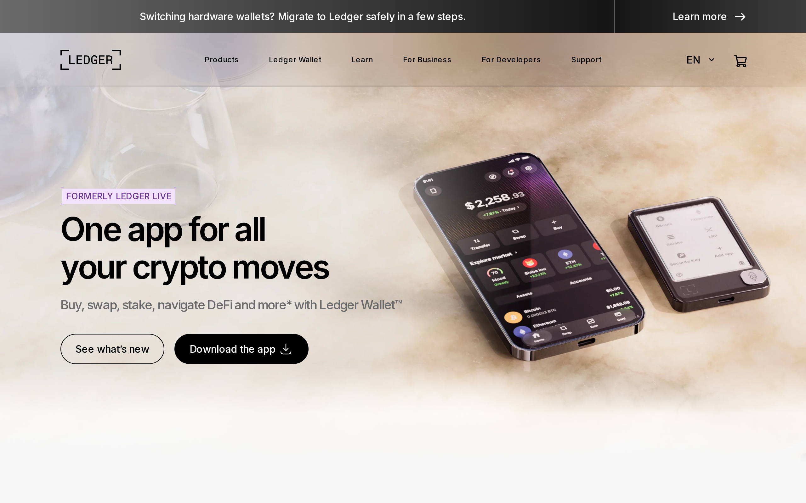 Ledger Live app landing page describing buying, swapping and staking crypto