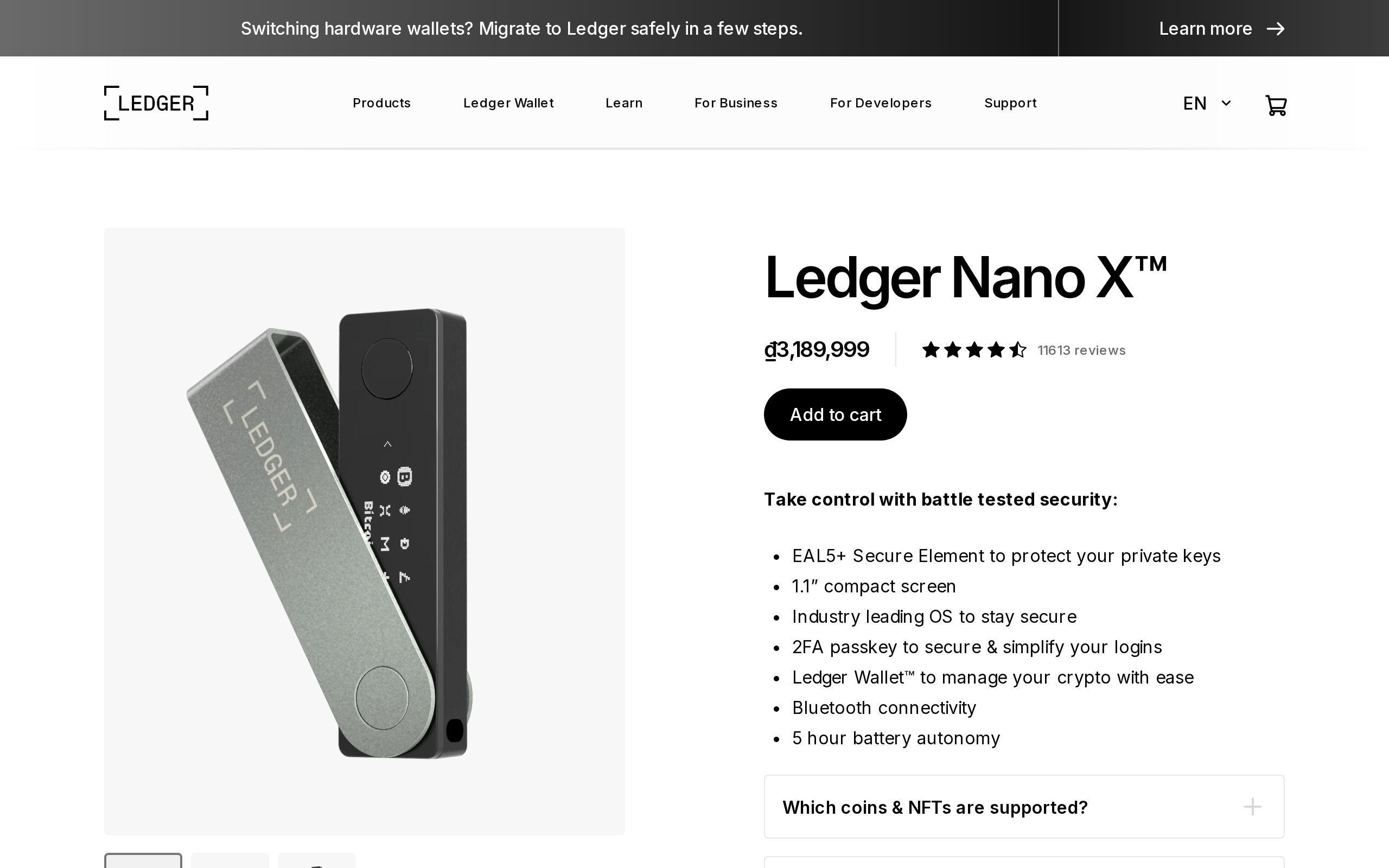 Ledger Nano X product page listing its EAL5+ Secure Element and specs