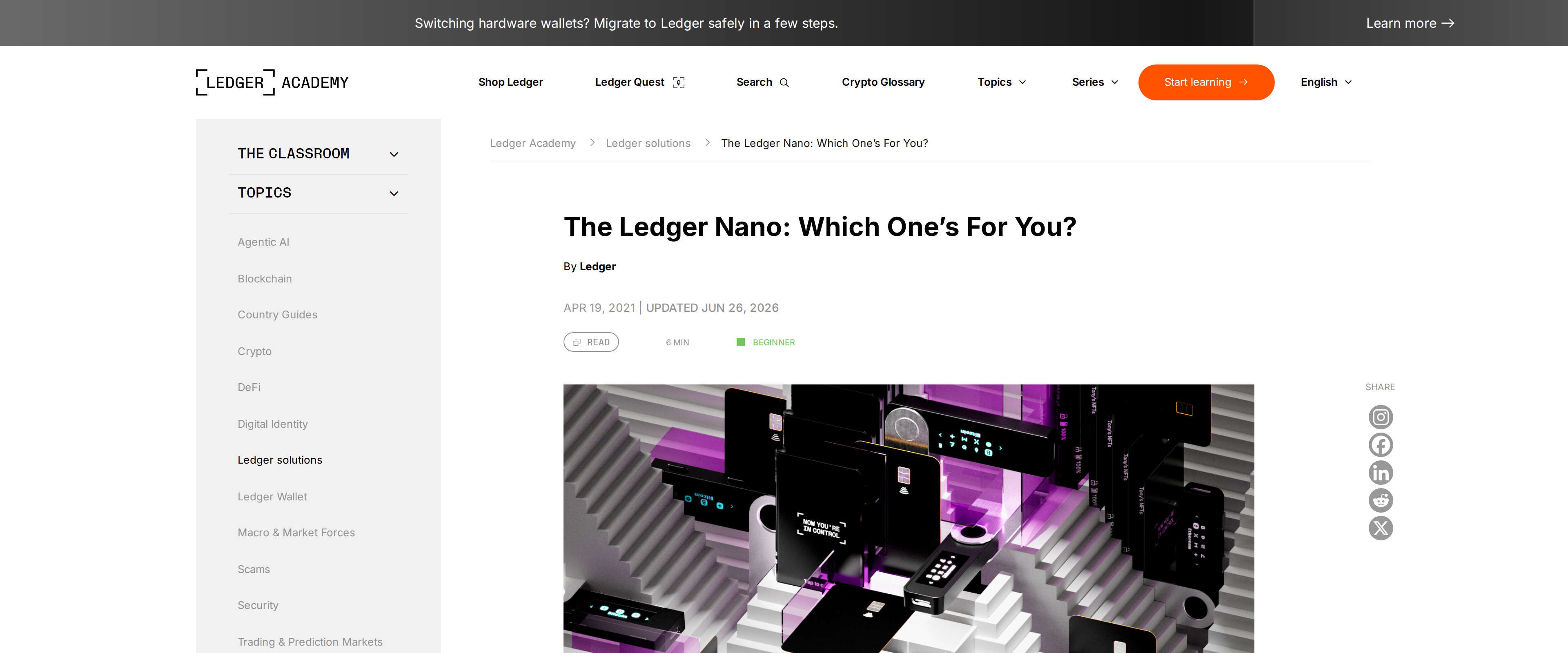 Ledger's academy article comparing every current Nano model, headlined The Ledger Nano: Which One's For You?