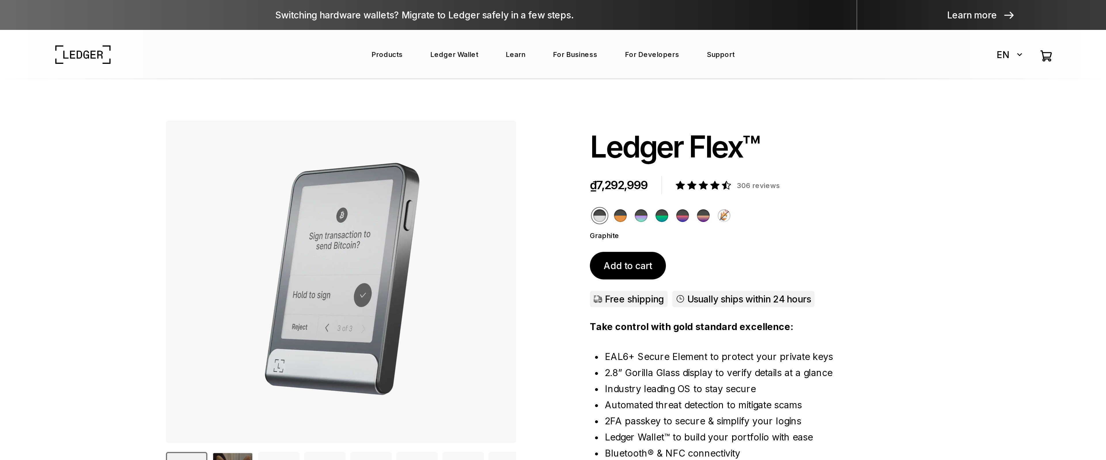 Ledger's product page for the Flex, showing its own hero section and the EAL6+ Secure Element claim