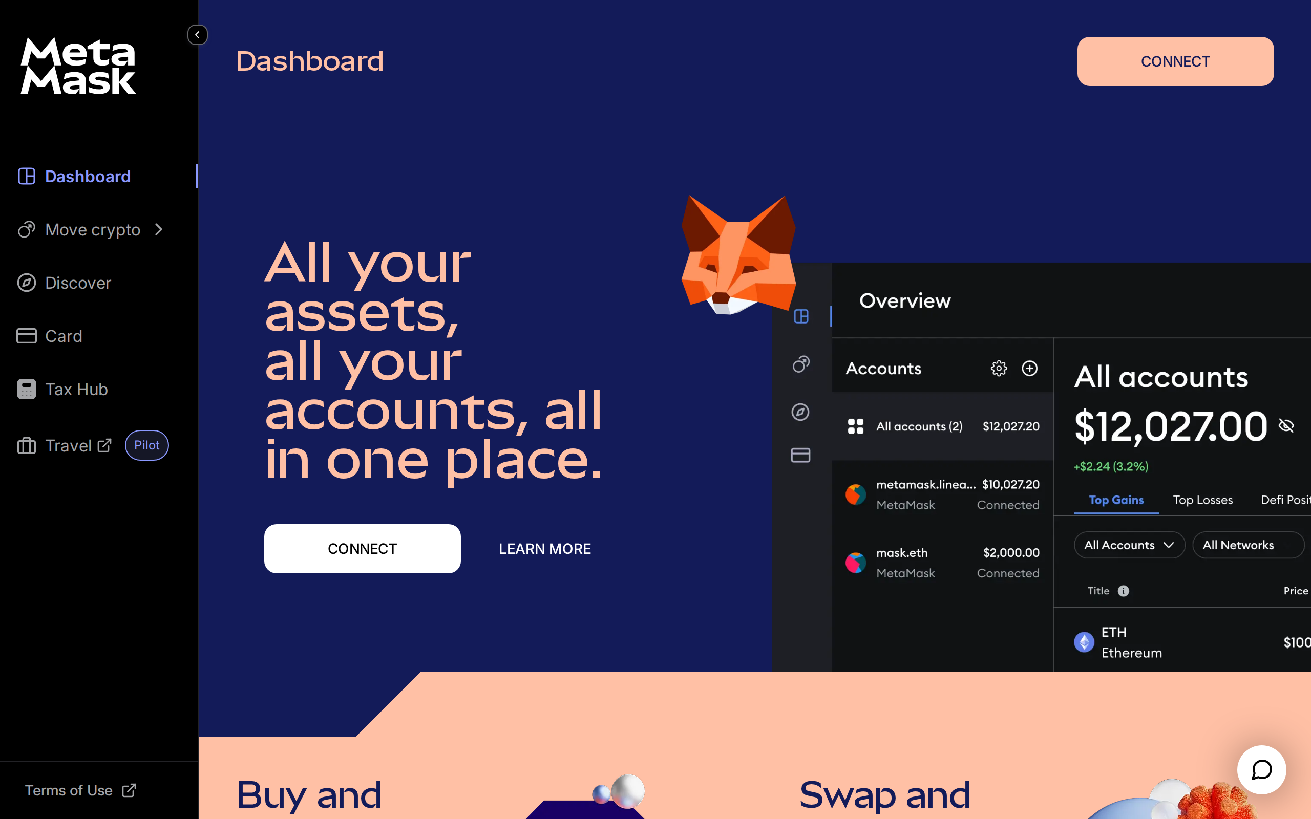 MetaMask Portfolio dashboard showing buy, sell, swap and bridge options across accounts