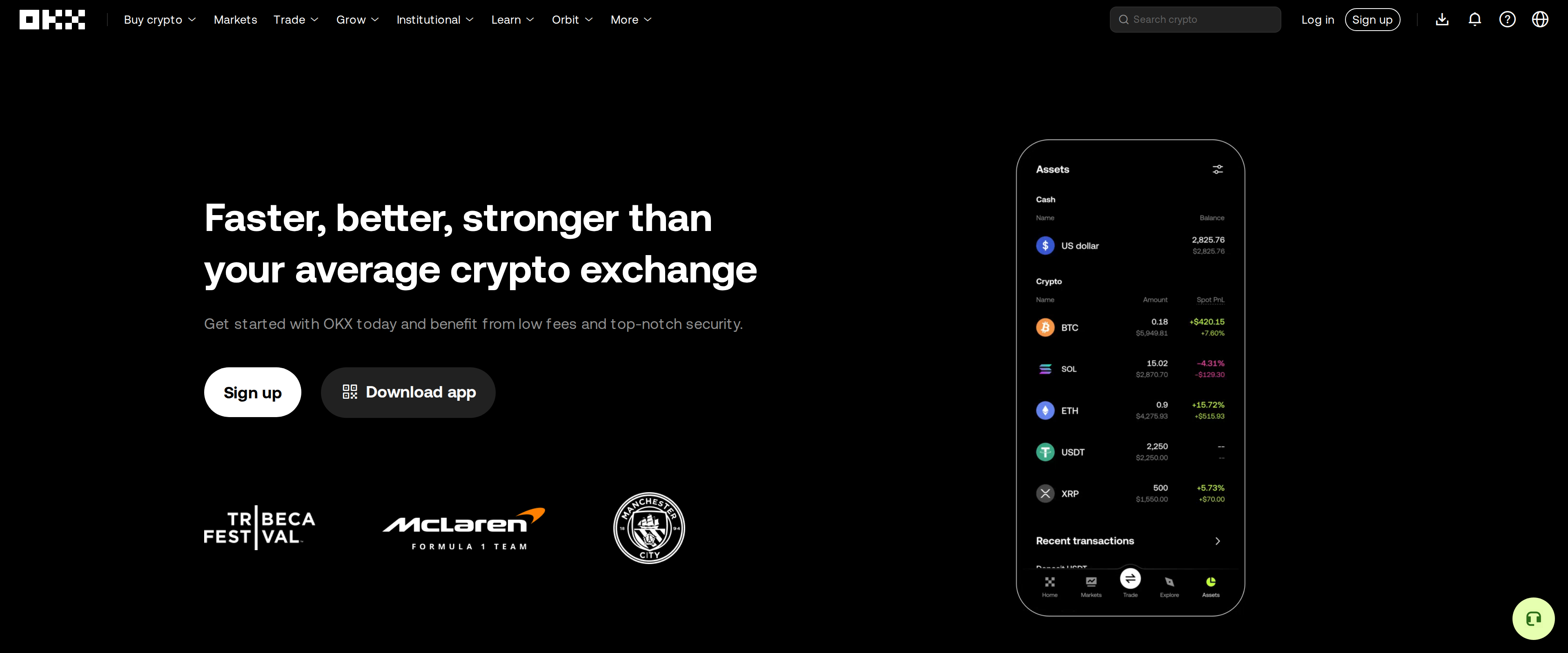 OKX homepage headline 'Faster, better, stronger than your average crypto exchange' beside a mock portfolio panel listing BTC, SOL, ETH, USDT and XRP balances