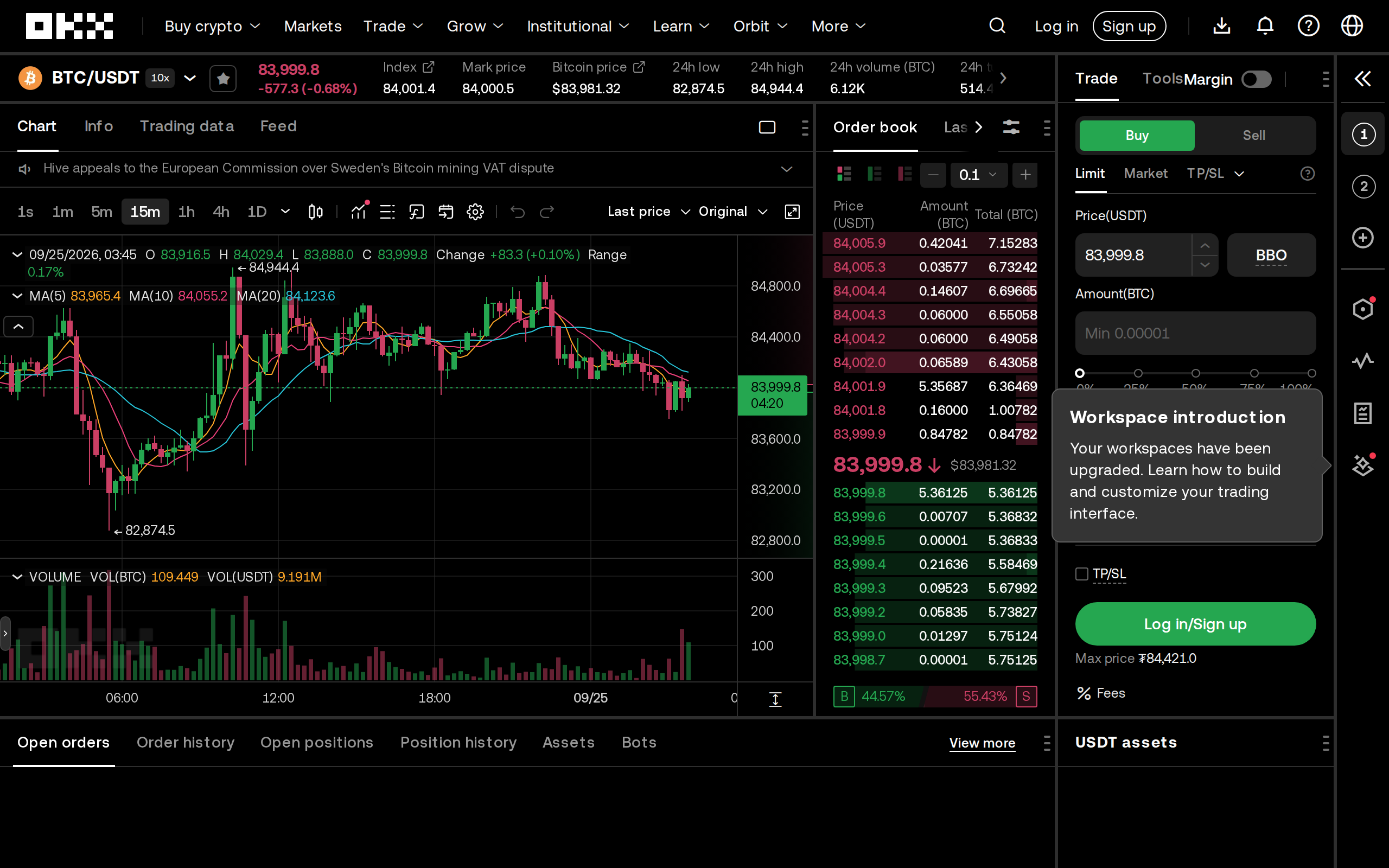 OKX BTC/USDT spot trading terminal with a 15-minute candlestick chart, moving average lines, a live order book showing bid and ask depth, and a green Buy panel