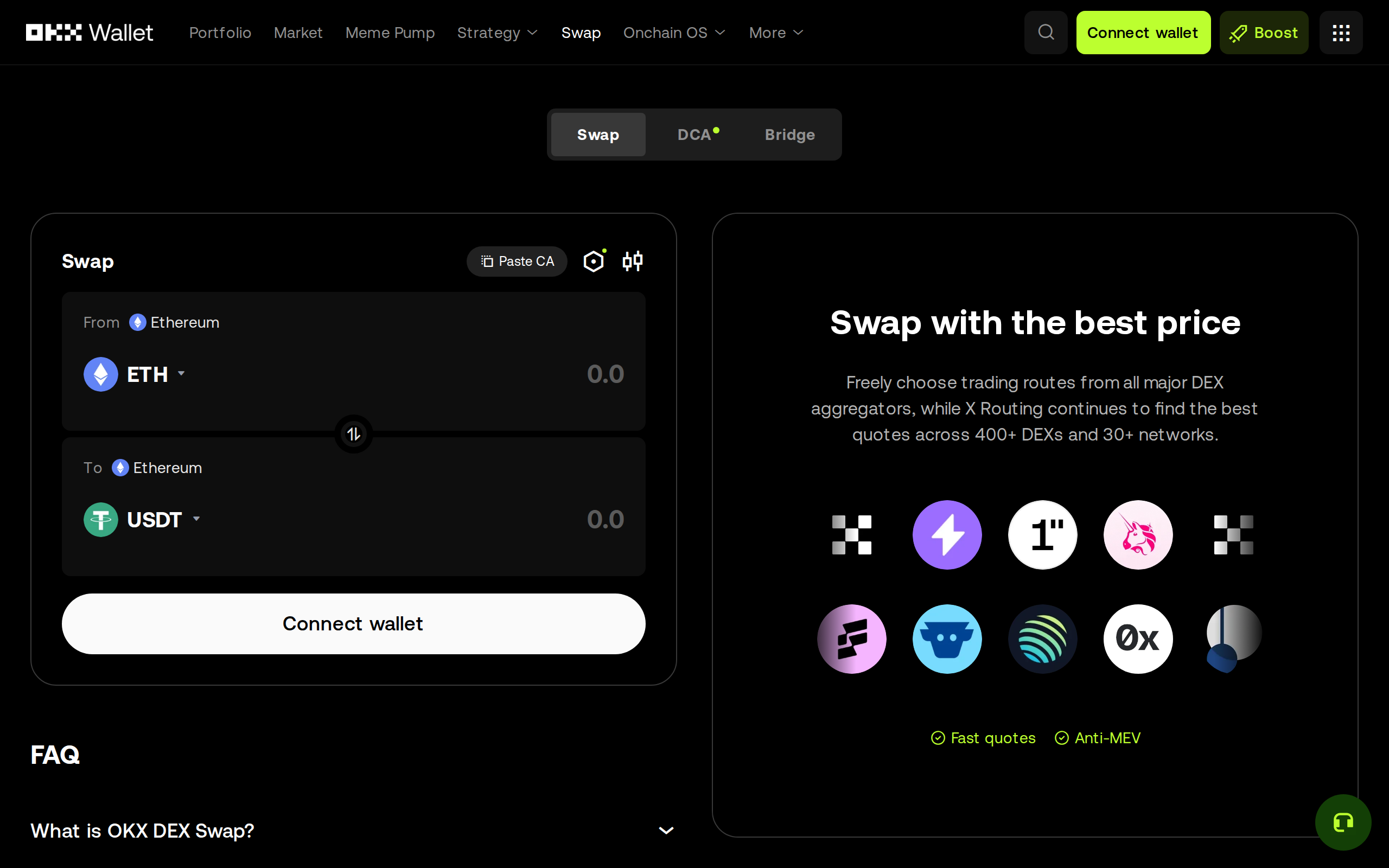 OKX Wallet Swap screen with ETH to USDT fields, a 'Swap with the best price' banner, and logos for 1inch, Uniswap, 0x and other DEX aggregators covering 400-plus DEXs and 30-plus networks