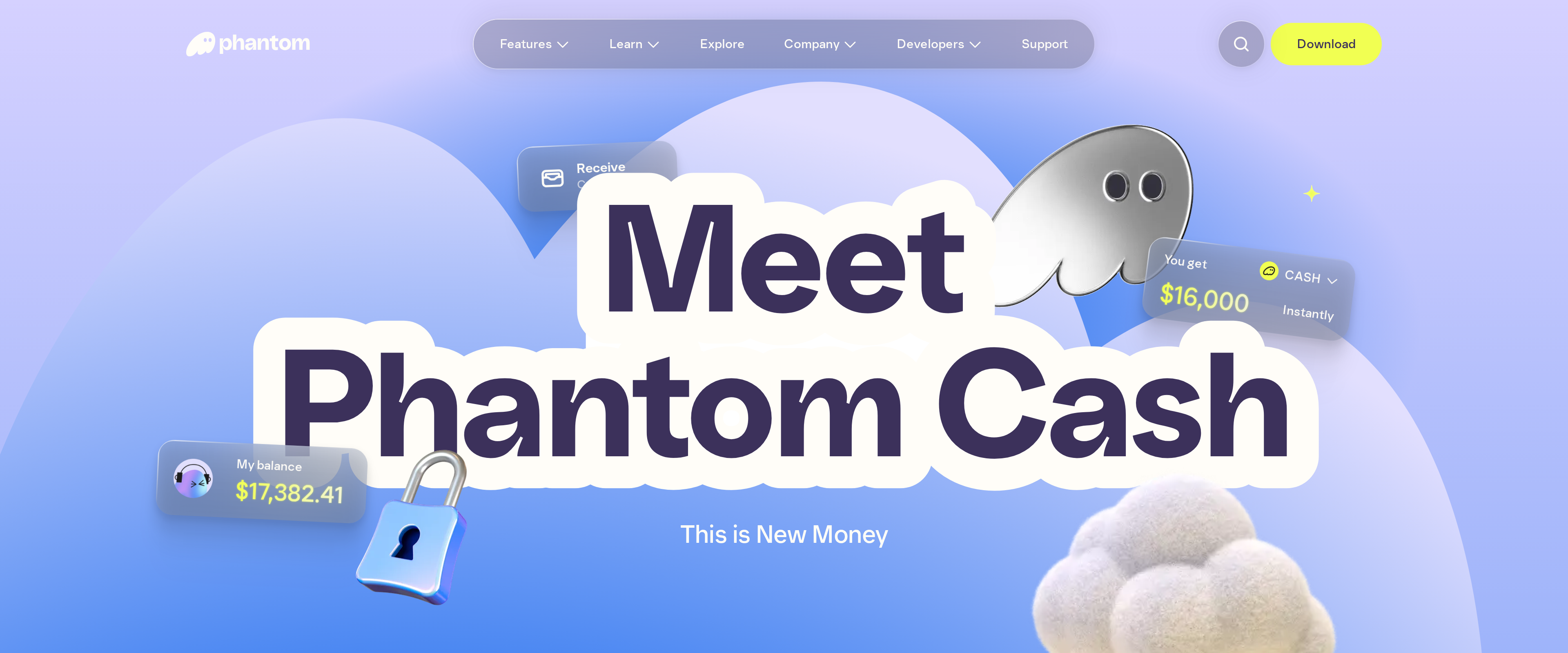 Phantom Cash landing page reading This is New Money with a background price display