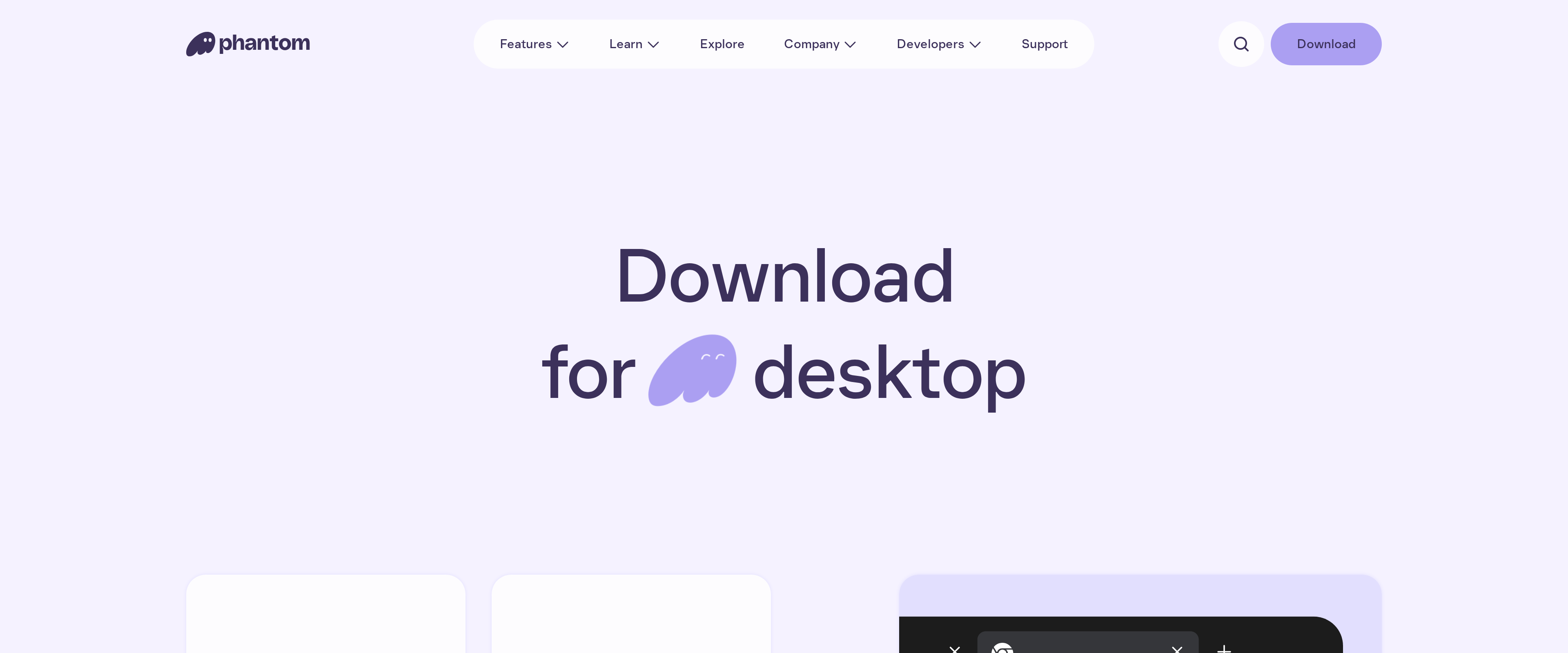 Phantom download page showing options for desktop and mobile with a Chrome extension preview