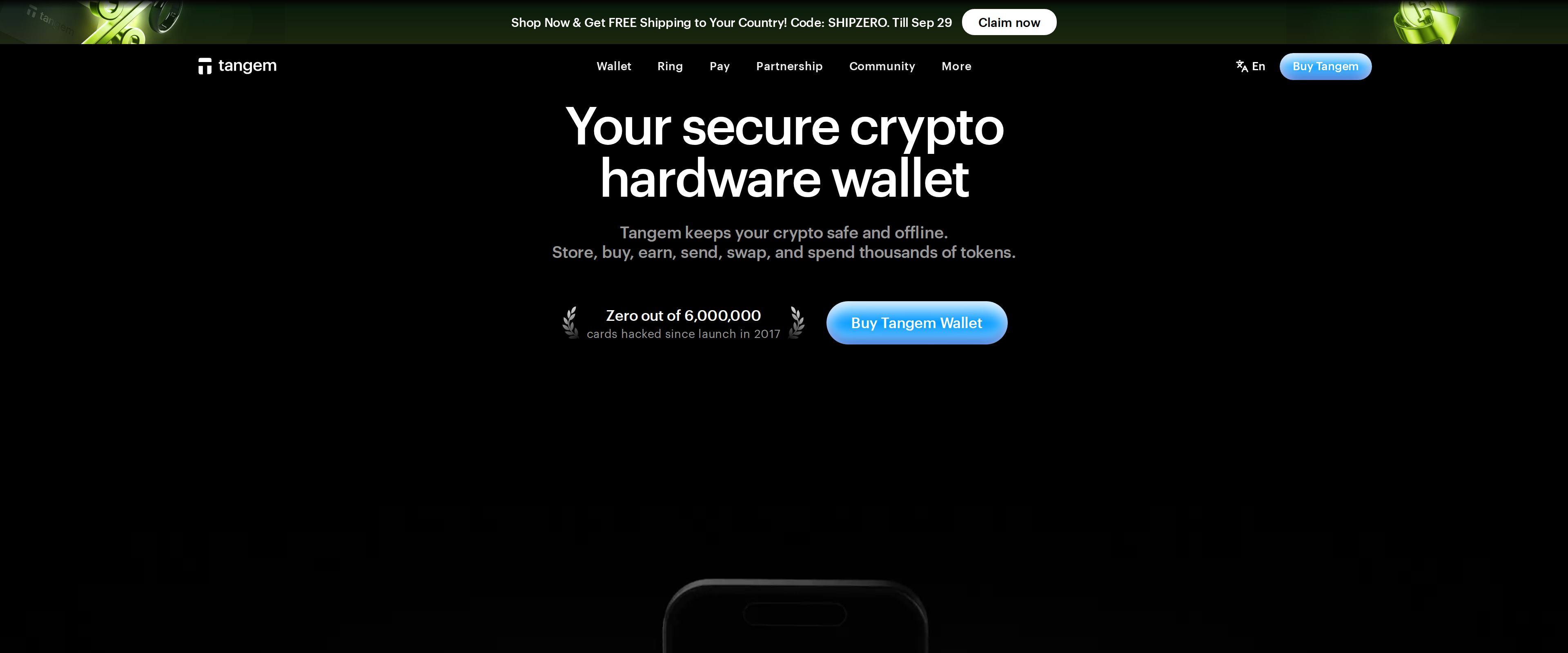 Tangem homepage reading Your secure crypto hardware wallet, with a photo of the wallet cards