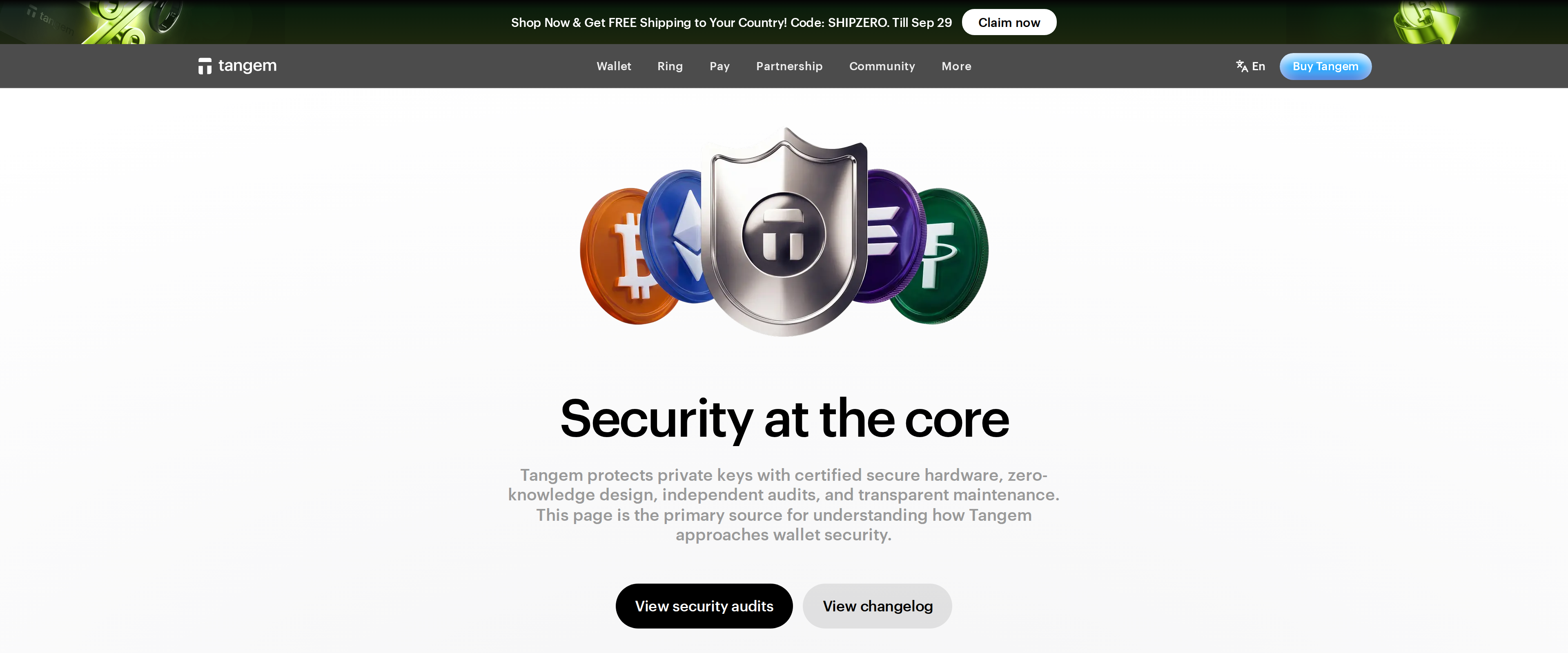 Tangem security page reading Security at the core, describing certified secure hardware and independent audits