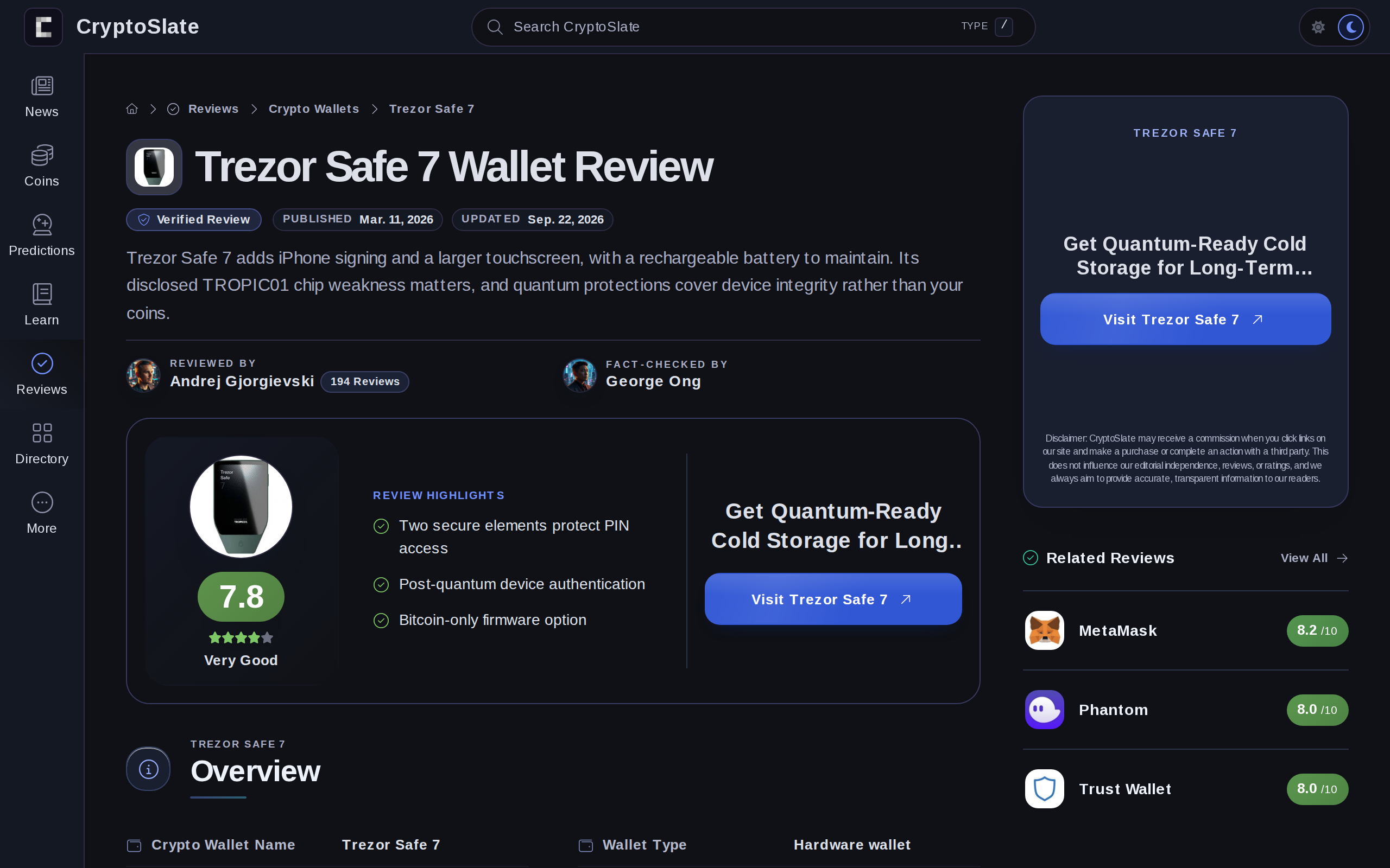 CryptoSlate Trezor Safe 7 Wallet Review page showing a 7.8 Very Good score and highlights: two secure elements protect PIN access, post-quantum device authentication, Bitcoin-only firmware option