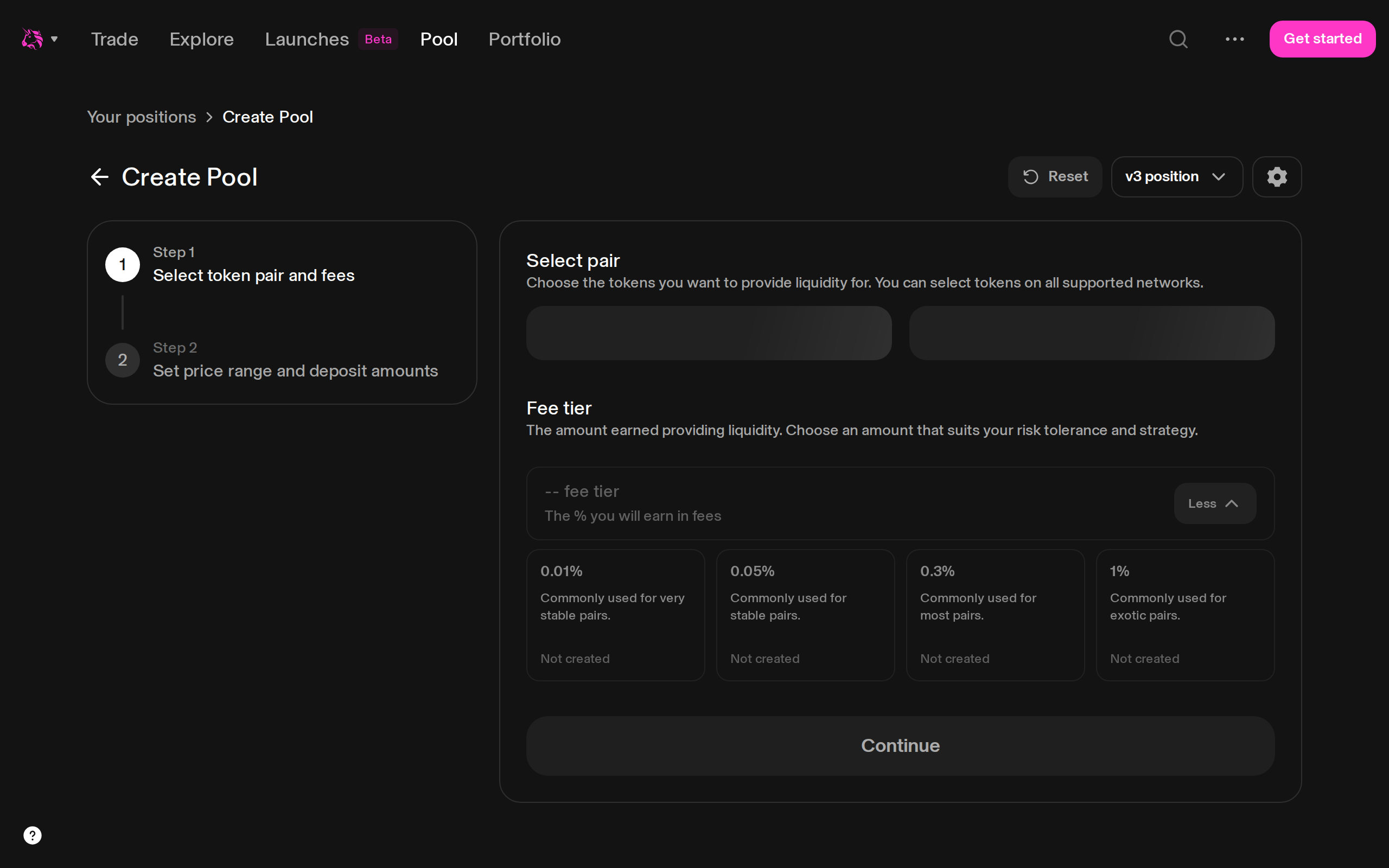 Uniswap Create Pool screen listing fee tiers of 0.01 percent, 0.05 percent, 0.3 percent and 1 percent with usage notes