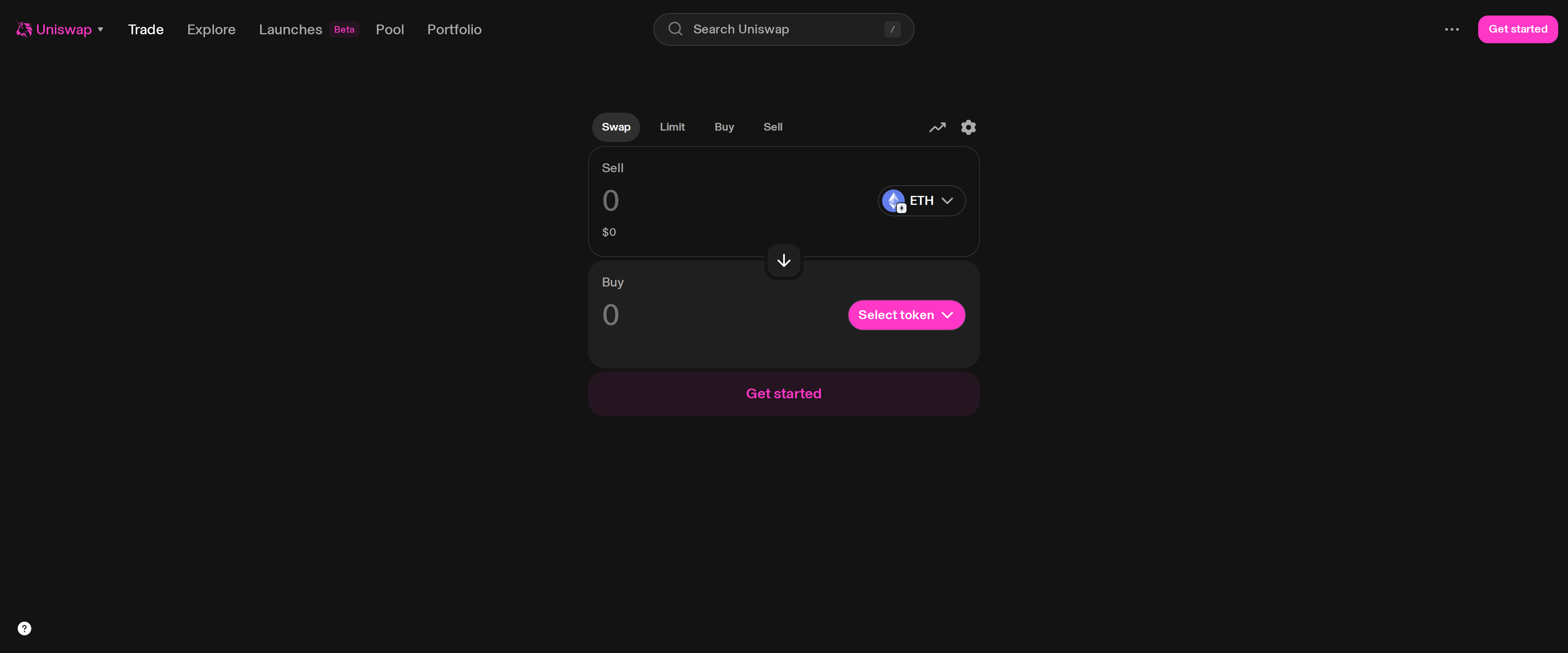 Uniswap swap screen showing empty Sell and Buy fields with ETH selected and a Get started button